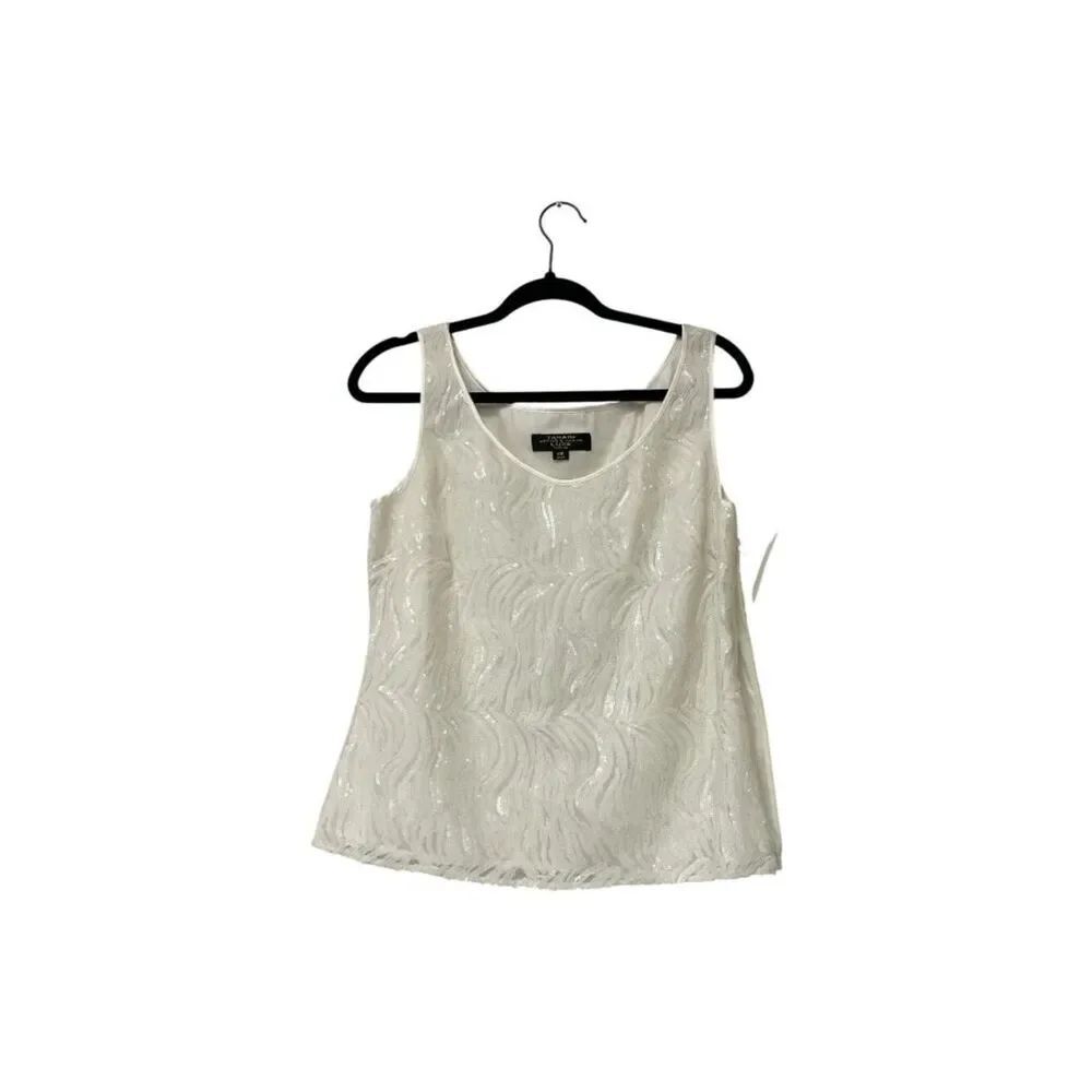 Tahari Luxe Womens Blouse Shirt 10P White Sequin Shimmer Sleeveless NWT